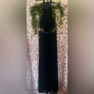La Femme Navy Blue Maxi Dress with Subtle Sparkle Trim